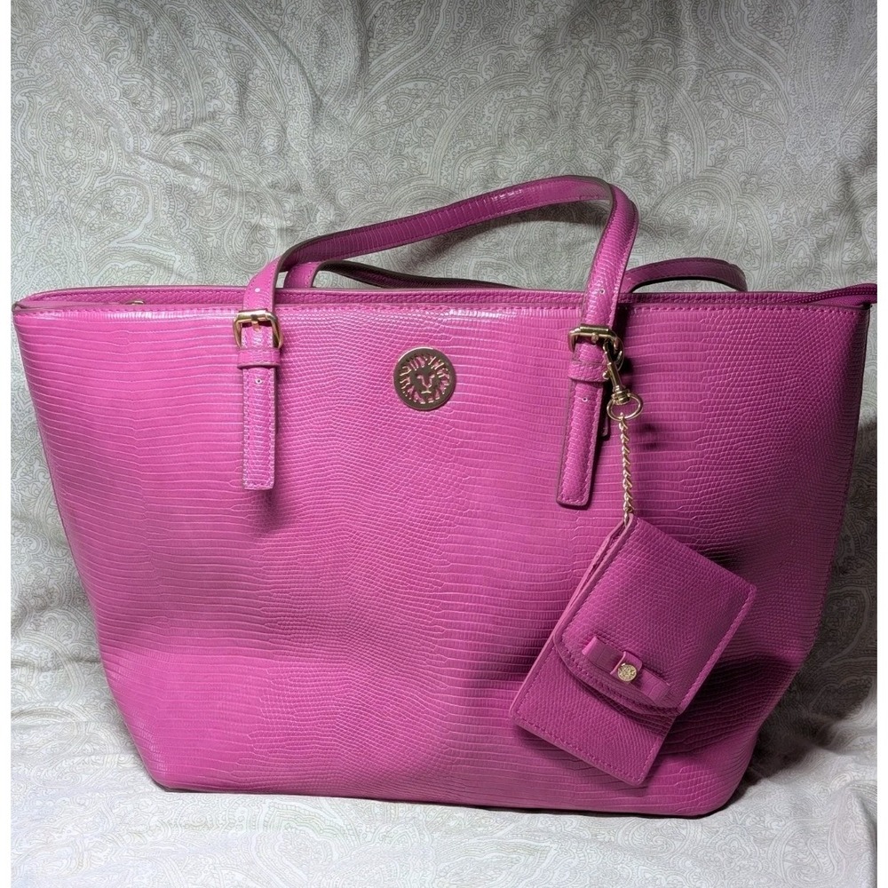Anne Klein Pink Embossed Animal Print Tote Bag Gold Hardware ID Bag Charm Strap